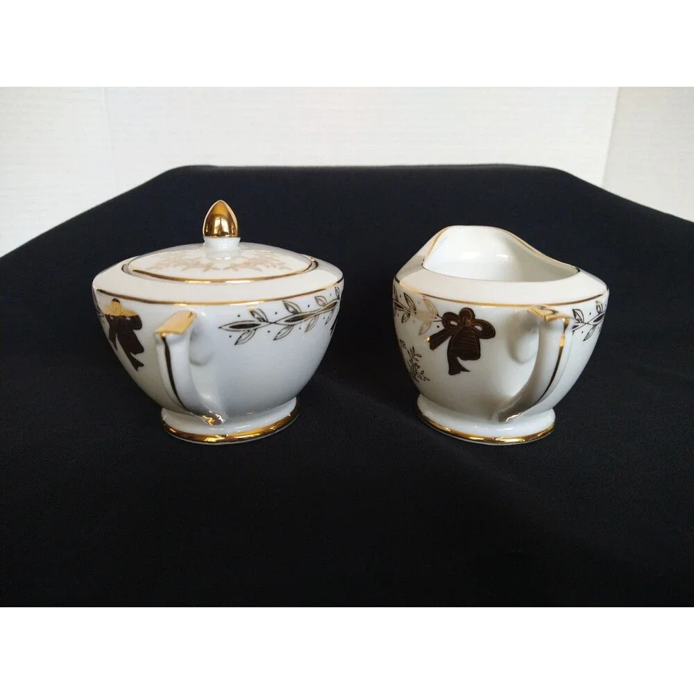 Vintage Lefton China Golden 50th Anniversary Gift Set Creamer & Sugar Bowl W/Lid